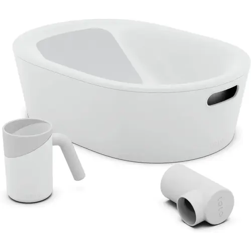 Lalo Bathtime Starter Kit - Modern Baby Bathtub, Rinse Cup & Spout Cover Bundle, Safe & Clean Design for Newborns, Minimalist Design, Easy to Clean, 25.3 x 18 x 7.7 in, 10 lb - Coconut