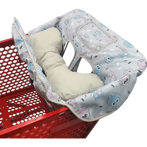 Soft Pillow Attached 2-in-1 Shopping Cart and High Chair Cover for Baby~Padded~Fold'n Roll Style~Portable with Free Carry Bag (Gray Owl)