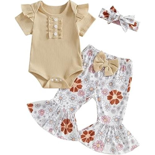 MERSARIPHY Baby Girl Bell Bottom Outfit Infant Newborn Western Summer Clothes Short Sleeve Ruffle Romper Tops Flare Pant Set