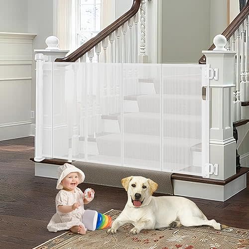 Reinforced Retractable Baby Gate for Stairs with Support Rods, Extends up to 55" Wide, Adjustable Latches Dog Gate for Stairway Mesh Pet Gate Banister to Wall Toddler Gates for Staircase (White)