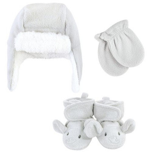 Hudson Baby Unisex Baby Trapper Hat, Mitten and Bootie Set, Gray Elephant, Size: 0-6 months