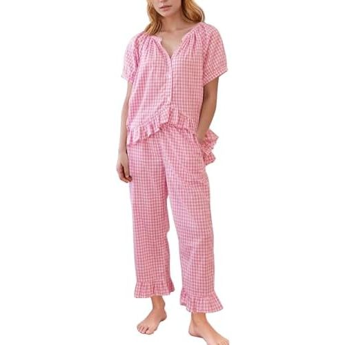 Flygo Womens Plaid 2 Piece Pajamas Sets Gingham Button Down Puff Sleeve Babydoll Shirt Ruffle Pants Y2K Pjs Lounge Set