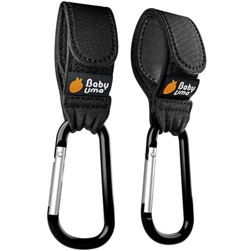 Stroller Hooks for Hanging Bags and Shopping - Double Award-Winning Stroller Clips - Baby Essentials Universal Stroller Clips for Bags - Black, 2 Pack by Baby Uma - Black & Silver