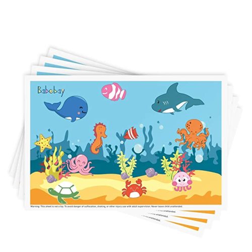 Disposable Stick-on Placemats 40 Pack for Baby & Kids, Toddler Placemats in Reusable Pouch 12" x 18" (Blue Ocean Life) - 12x18 Inch (Pack of 40)