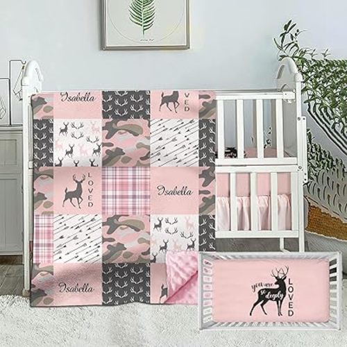 Personalized Crib Bedding Sets for Baby Girls, Custom Girl Set with Name, Deer Pink Camo Nursery Bedding, 2 Piece Set, Name Comforter, Fitted Sheets Babies