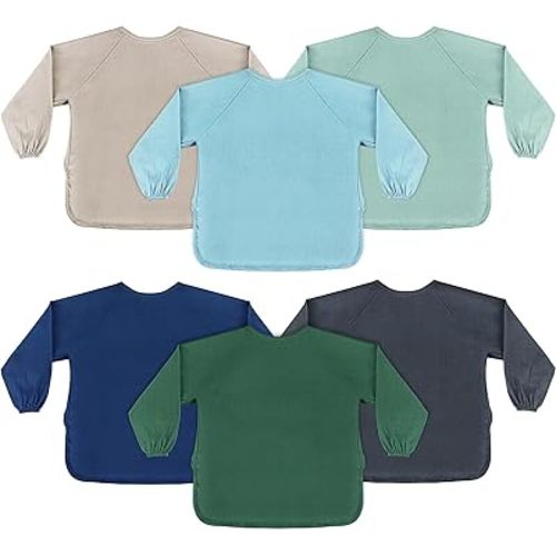 Jeyiour 6 Pack Long Sleeve Baby Bibs Mess Proof Bib Washable Feeding Bib Waterproof Smock Bib for Infant Toddler 6-24 Months
