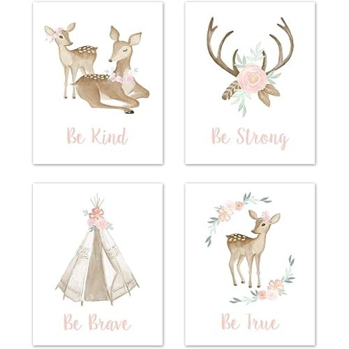 Sweet Jojo Designs Blush Pink and Mint Wall Art Prints Room Decor for Baby, Nursery, and Kids for Boho Woodland Deer Floral Collection - Set of 4 - Be Kind, Be Strong, Be Brave, Be True
