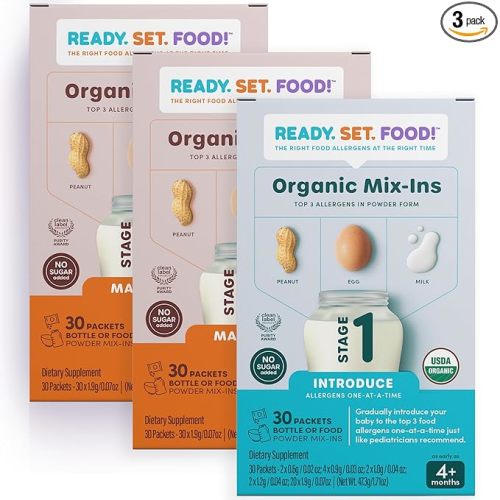 Stage 1 & 2 Mix-ins – Safe&Easy Early Allergen Introduction, Babies 4+ Months, Mix with Breastmilk, Formula & Baby Food, With 3 Top Allergens: Organic Peanuts, Milk & Eggs By Ready Set Food!(90 Days)