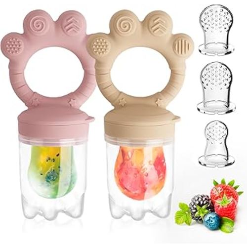 Baby Solids/Frozen Fruit Feeder Pacifier, Infant Teether Toy 4M+, BPA-Free Silicone Pouch & Nipple, Safely Introduce Solids, Teething Relief, 2-Pack (Claw - Pink Camel-hued)