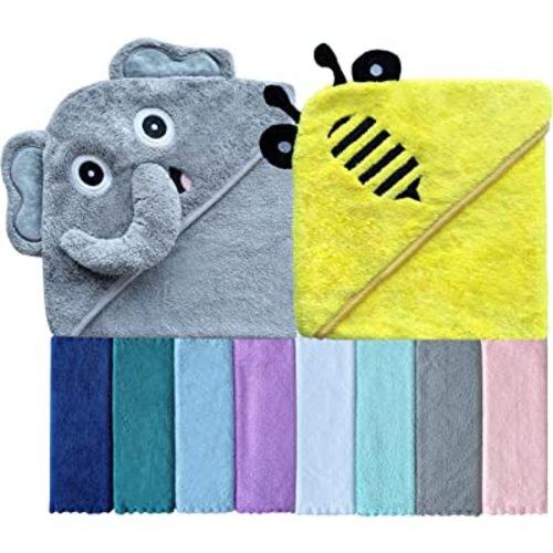 Sunny zzzZZ Baby Hooded Bath Towel and Washcloth Sets, Baby Essentials for Newborn Boy Girl, Baby Shower Towel Gifts for Infant and Toddler - 2 Towel and 8 Washcloths - Yellow Bee and Grey Elephant