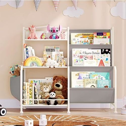 Bookshelf for Kids, 3 Tier Nursery Book Shelves, Toddler Bookshelf with Kids Toy Storage Organizer, Montessori Baby Book Shelf Bookcase for Kid Rooms Playroom, White/Grey
