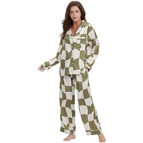 Womens Silk Satin Pajamas Set Button Down 2 Piece Pjs Long Sleeve Oversized Sleepwear with Pockets