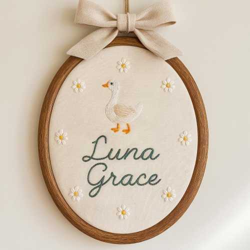 Custom Goose Embroidery Hoop: Baby Name Announcement Sign
