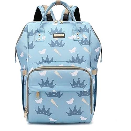 Diaper Bag Backpack, Diaper Bags for Baby Girls Boys, Baby Bags for Moms Dads, Nappy Changing Bag with Insulated Pockets,Multi-functional Waterproof Backpack with Stroller straps-Light blue crown