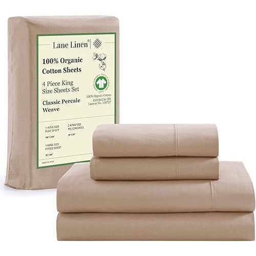 LANE LINEN 100% Organic Cotton Sheets Set, Long- Staple Percale Weave Ultra Soft Best- Bedding Sheets for Bed, GOTS Certified, Fits Mattress Upto 15inch Deep Pocket (King, Taupe)