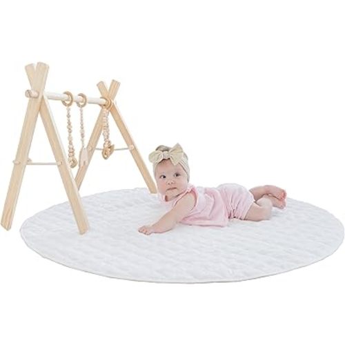 Modern Wooden Baby Play Gym for Babies 0-12 Months Cognitive & Motor Skills Foldable Infant Play Gym with Hanging Toys Wood Play Gym Unisex Nursery Decor (Natural Wood, Natural Toys)
