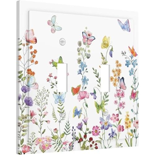 Boho Butterfly Wild Flower Floral Garden Double Toggle Light Switch Covers Decorative unique 2 Gang Wall Plate Dual Electrical Faceplate Switchplate for Kitchen Bathroom Bedroom Living Room Decor