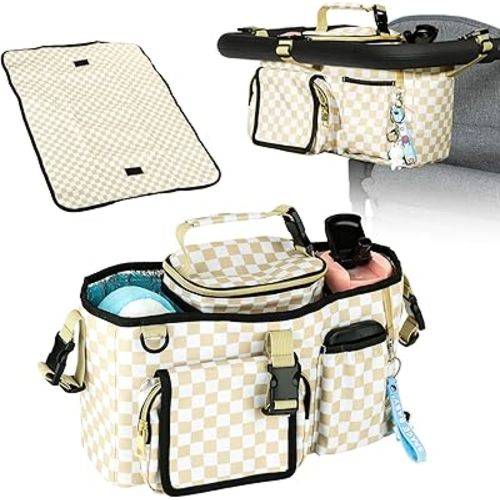 Universal Parent Console Stroller Organizer with Removable Cooler Bag & Changing Mat, Extra Large Wagon Caddy Accessories Fit for Wonderfold W4, Keenz, Jeep, Graco, Double Strollers (Checkerboard)
