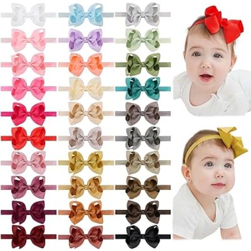 jollybows 30pcs Baby Girls Grosgrain Ribbon Hair Bows Headbands 4" Elastic Hair Band Hair Accessories for Infants Newborn- Natural Color Set