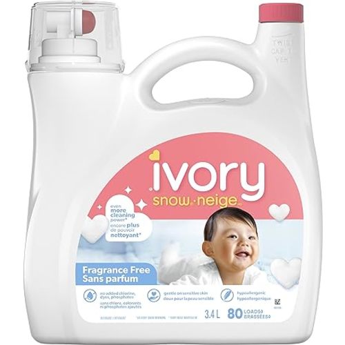 Ivory Snow Lessive liquide pour bébé, sans parfum, hypoallergénique, 3,4 l, 80 lavages