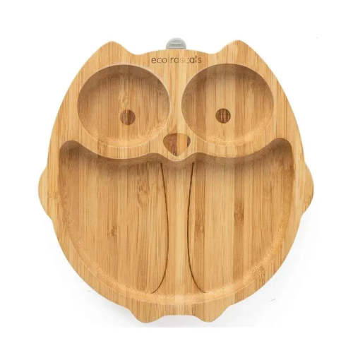 Eco Rascals Bamboo Suction Plate With Three Sections Owl, Grey
