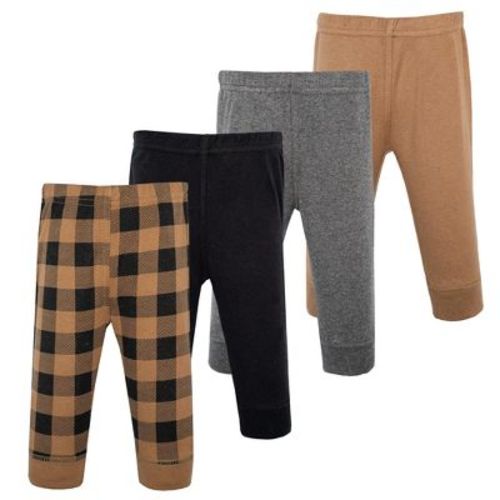 Hudson Baby Basics Infant Boys Comfy Cotton Pants 4-Pack, Woodland Plaid, 0-3 Months