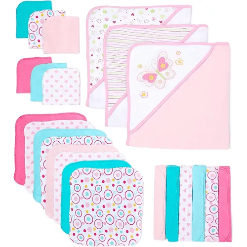 Spasilk Bath Hooded Towels & Washcloths Set for Babies, 23-Piece Gift Set, White Butterfly