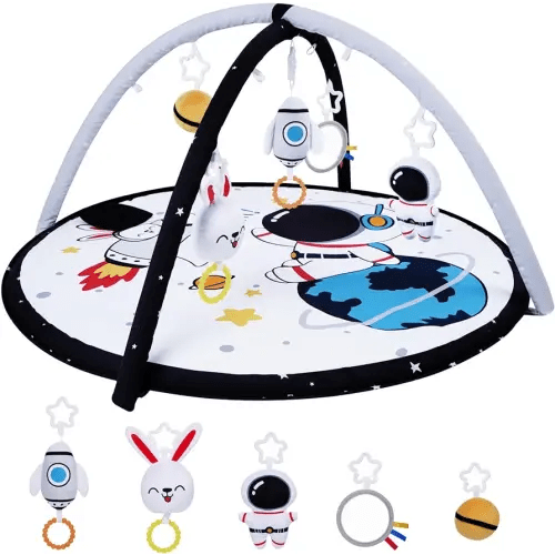 Lovvie & Joy Baby Play Activity Gym Tummy Time Mat for Newborn Infant,Baby Gyms & Playmats for Babies 0-6 9 12 Months with 5 Toys for Early Sensory Exploration and Motor Skill Development Space