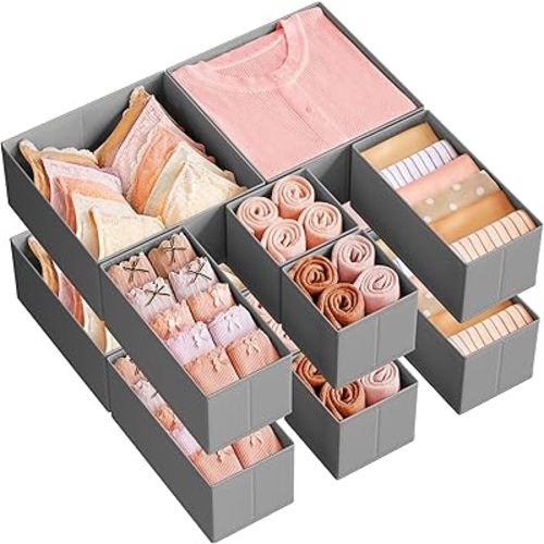 SONGMICS Drawer Organizers, Dresser Divider Organizers, Set of 12, Foldable Fabric Storage Boxes for Socks, Underwear, Bras, Ties, Scarves, Dove Gray URDZ006G02
