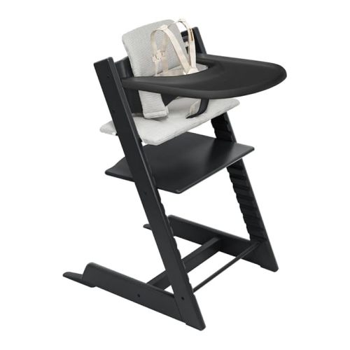 Stokke Tripp Trapp High Chair 2 (Natural), Cushion 2 (Nordic Grey) + Stokke Tray (White) - Includes Chair + Baby Set with Removable Harness for Children 6-36 Months