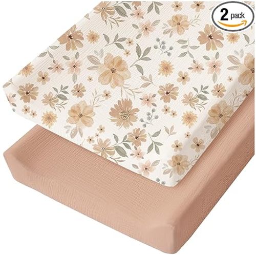 Konssy Muslin Changing Pad Cover for Baby Girls Boys, 100% Cotton Fitted Diaper Chang Table Covers, Soft Breathable Changing Pad Sheets, 2 Pack (Toffee,Flourish)