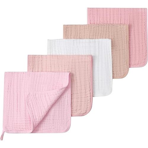 Muslin Burp Cloths 5 Pack Large 20x12 inches Baby Burping Cloths, 6-Layer 100% Cotton for Newborn Boys Girls, Ultra Soft & Absorbent (White & Pink)