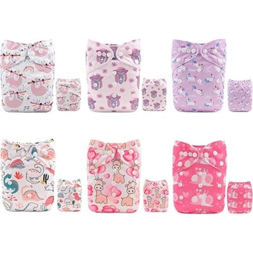 ALVABABY Baby Cloth Diaper 6 Pack with 12 Inserts One Size Cloth Diaper Covers Adjustable Washable Reusable for Baby Girls and Boys