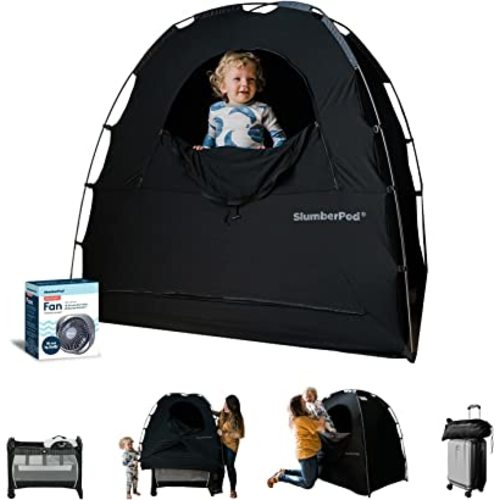 Amazon.com: SlumberPod and Fan Combo Portable Privacy Pod Blackout Canopy Crib Cover, Sleeping Space for Age 4 Months and Up, Pack n Play Blackout Cover, Baby Travel Crib Canopy (Black/Grey) : Baby
