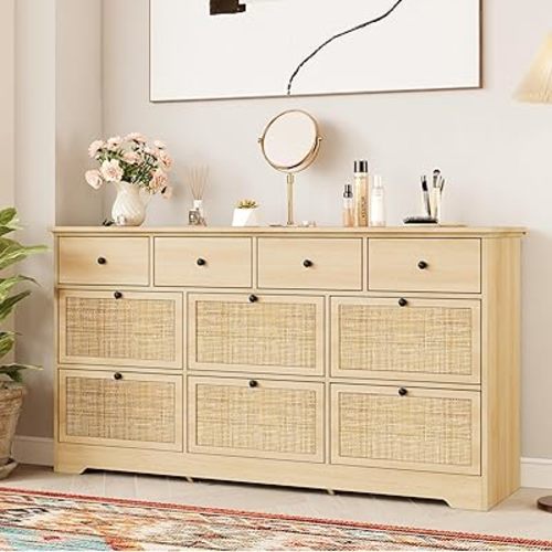 Brafab 59" Mid-Century Natural Rattan 10 Drawer Dresser, Tall Boho Chests of Drawers with Elegant Tabletop and Smooth Metal Rail, Wide Light Oak Dressers Deep Drawers for Bedroom Nersury Closet