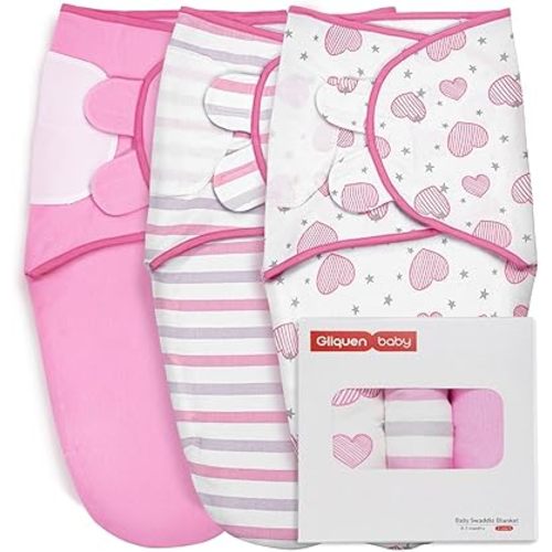 GLLQUEN BABY Swaddles for Newborns - 3 Pack Baby Adjustable Swaddle Sleep Sack for Boys and Girls 0-3 Months,Baby Wrap Swaddle Sack, Stripe & Heart, Nursery Essentials