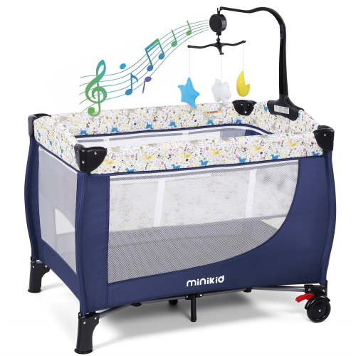 Minikid Nursery Center Playard with Bassinet Music and Toys, Baby Playpen for Newborn to Toddlers,Blue