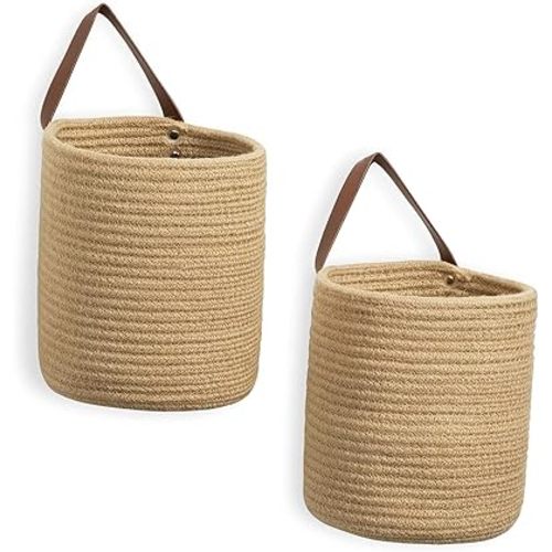 DULLEMELO Small Jute Hanging Baskets 2 Pack 7"(D) x 8"(H), Jute Woven Hanging Storage Basket With Leather Handle, Small Storage Basket for Wall Decor Plants (Jute)
