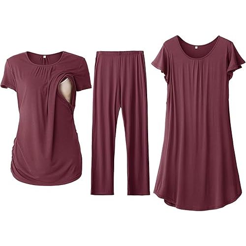 SUNNYBUY Women 3 PCS Maternity Nursing Nightgown Dress & Short Sleeve Breastfeeding Top & Pregnancy Pants Sleepwear Set