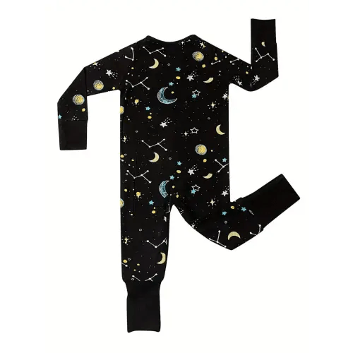 Star & Moon Pattern Bamboo Fiber Toddler & Infant's Footed Bodysuit, Comfy Long Sleeve Romper, Baby Boy's Clothing