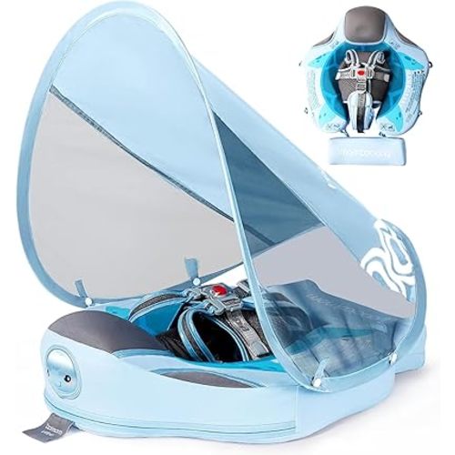 Baby Floats for Pool with Canopy Removable UPF 50+ UV Sun Protection Canopy,Mambobaby Infant Pool Float Non Inflatable Soft Skin-Friendly Leather Material Infant Swim Float 3-24 Months (Blue)
