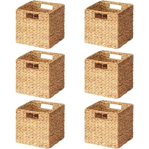 SpaceAid 6 Pack Wicker Basket, Storage Baskets for Organizing, Woven Rattan Basket with Handles for Shelves, Water Hyacinth Large Cube Organizer Storage Bin, 10.5x10.5x10.5 inch, Natural