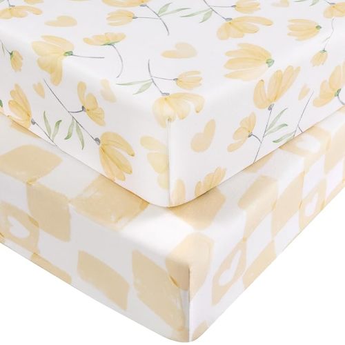 Baby Crib Sheets for Boys and Girls, Fitted Crib Sheets 52" x 28", Soft Breathable Microfiber Sheets for Standard Crib and Toddler Mattress, 2-Pack Yellow Flowers
