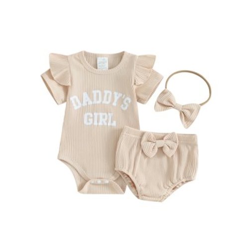 BABAMOON 3Pcs Baby Girls Summer Outfits Letter Print Ribbed Short Sleeve Romper and Shorts Headband Clothes