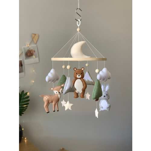 Woodland baby mobile, Baby mobile forest animals, Mountain forest baby mobile, Woodland nursery decor, Felt baby mobile with deer bear hare