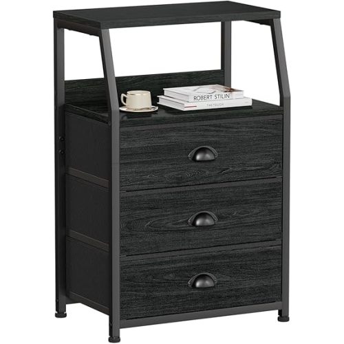 Furnulem Black Night Stand, Small Dresser for Bedroom, Nightstand with 3 Fabric Storage Drawers and 2-Tier Shelf, End Table Side Furniture for Closet, Hallway, Nursery, Sturdy Steel Frame, Wood Top