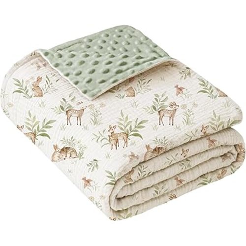 Konssy Baby Blankets for Unisex Boys Girls, Super Soft Nursery Minky Blankets with Muslin Cotton Front and Dotted Fleece Backing, Printed Bed Throws Newborn