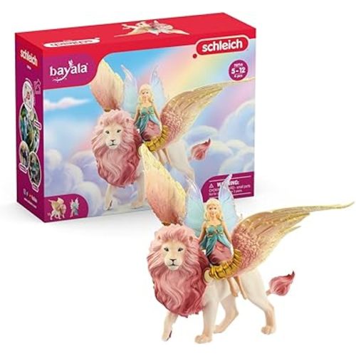 schleich BAYALA - Fairy in Flight on Winged Lion with Moveable Parts, Detachable Toy Fairy Figurine Riding Magical Pink Lion, for Children ages 5-12 Years