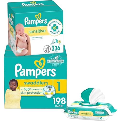 Pampers Swaddlers Disposable Baby Diapers Size 1, One Month Supply (198 Count) with Sensitive Water Based Baby Wipes 4X Pop-Top Packs (336 Count)