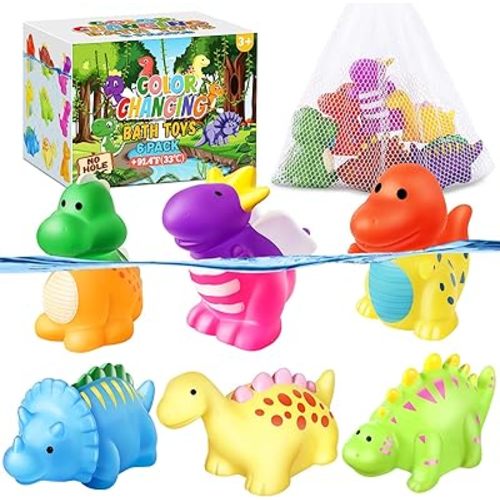 Color Changing No Hole Toddler Bath Toys for Kids Ages 1-3 4-8, Easter Egg Fillers Easter Basket Stuffers Dinosaur Bath Toys Toddlers 2-4, Dinosaur Toys, Bathtub Water Toys with Drying Bag